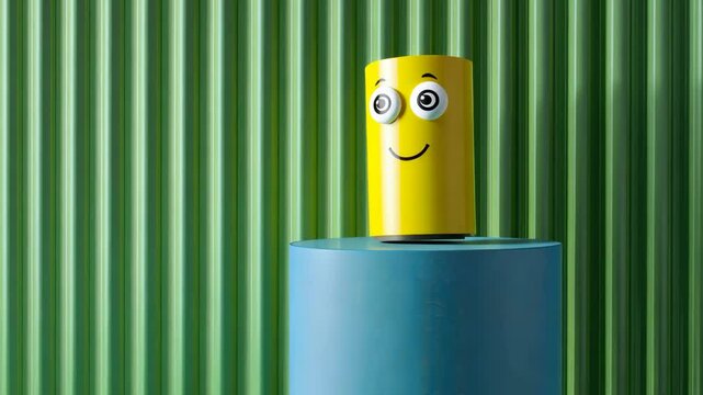 Minimal product background for sale promotion. Bright yellow tube with googly eyes on a blue podium, set against a green corrugate background. 3D render, playful scene.