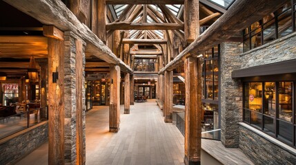 Rustic Wooden Lodge Interior with Stone Accents and Warm Lighting