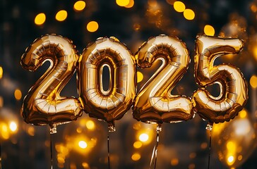 Golden 2025 Balloons with Festive Lights Happy New Year Celebration Theme