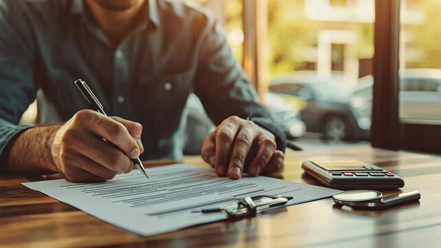 Man finalizing a lease agreement by signing the contract, with car keys, warranty forms, and a pen neatly placed on the table in a small dealership office.