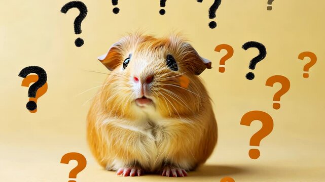 Fluffy guinea pig looking utterly confused with question marks circling its head, isolated on a light yellow background, unsure of what it is supposed to do next.