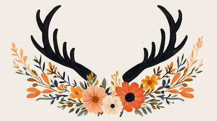 A decorative illustration featuring dark antlers surrounded by colorful flowers and foliage, creating a nature-inspired aesthetic.