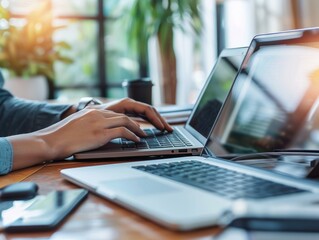 Photo of the hands of a person working at a laptop is generated AI