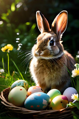 Rabbit and Easter colored eggs in a basket on the background of nature