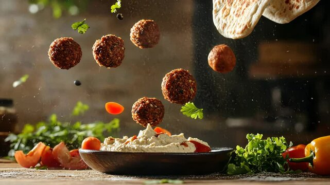 Flying falling falafel balls with pita bread, hummus, and fresh vegetables, representing Middle Eastern cuisine and its rich, flavorful ingredients, set against a warm, rustic background.