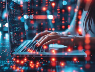 Photo of the hands of a person working at a laptop is generated AI