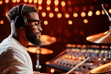 A skilled drummer performs captivating rhythms in a vibrant, energetic atmosphere