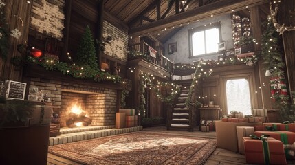 Cozy Winter Cabin Interior with Fireplace and Christmas Decor