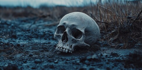 A human skull lies on a dark, barren field, evoking feelings of mystery and contemplating the inevitability of mortality's embrace.