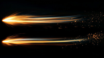 Four Comet or Meteor Light Trails Captured in Different Lengths and Intensity on Transparent
