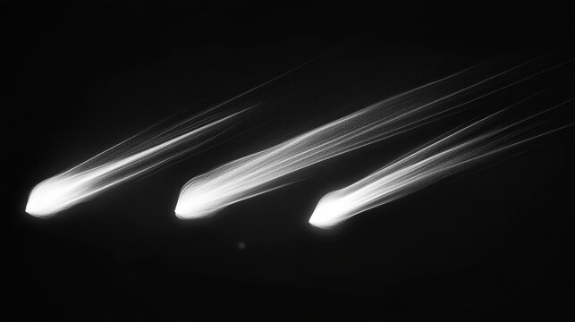 Four Comet or Meteor Light Trails Captured in Different Lengths and Intensity on Transparent
