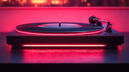 Obraz premium loop animation of record player with dark neon light effect rendering