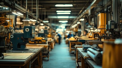 A traditional factory with workers handcrafting products using vintage machinery. The environment is warm, filled with the hum of old equipment and a sense of skilled craftsmanship