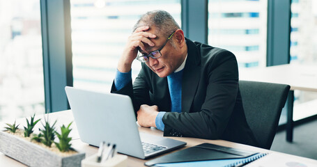 Fail, stress or businessman on laptop with loss, worry and anxiety for taxes or bankruptcy. Investment, frustrated director or overwhelmed Japanese boss in office for deadline, mistake or pressure