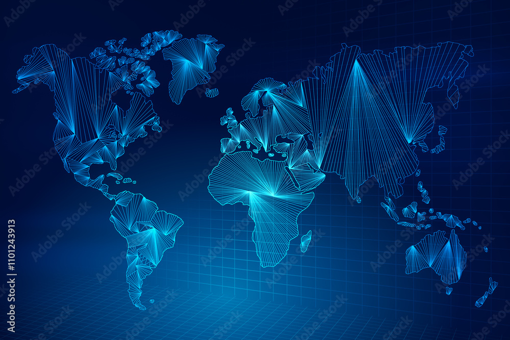 Poster Front view on digital graphic world map with white glowing lines on abstract dark blue squared background, design template. 3D rendering