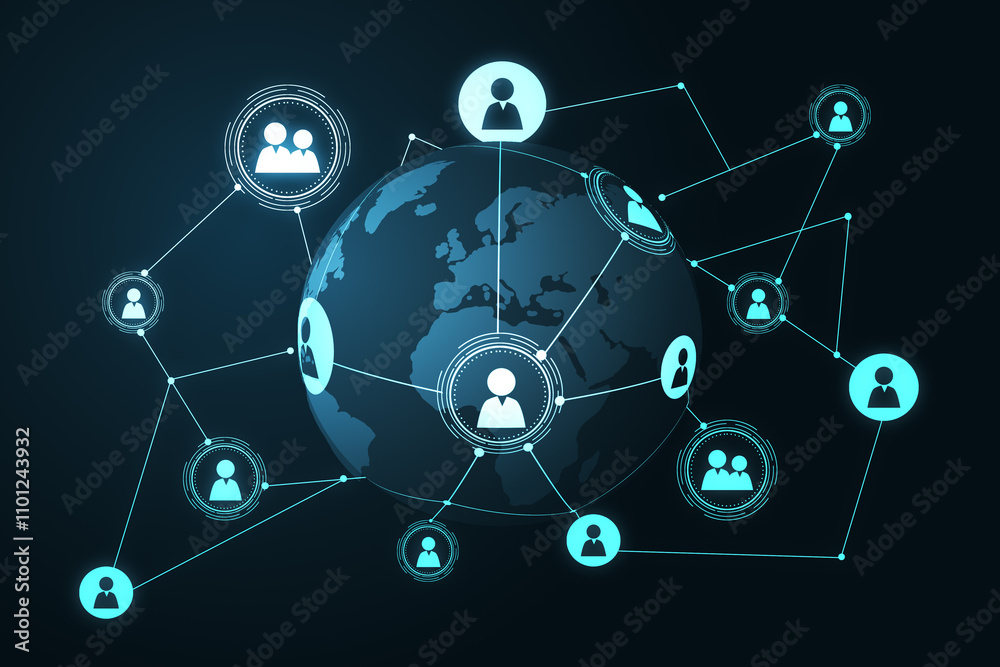 Poster Social network and global communication concept with digital user icons connected by lines on dark blue world map globe background. 3D rendering