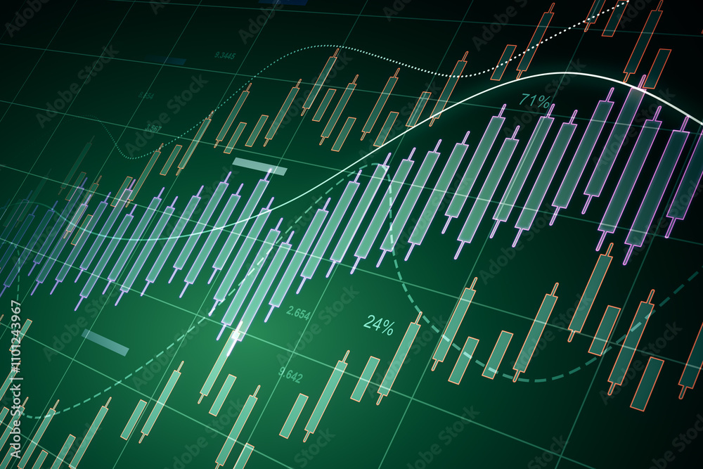 Poster Perspective view on digital growing candlestick on abstract green background. 3D rendering