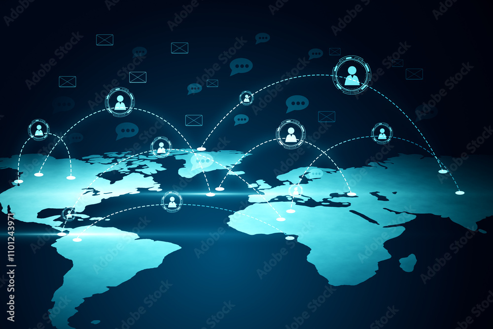 Fototapete Global communication and social network concept with digital graphic user icons connected by lines hovering over light blue world map on dark background with mail sign and speech bubbles. 3D rendering