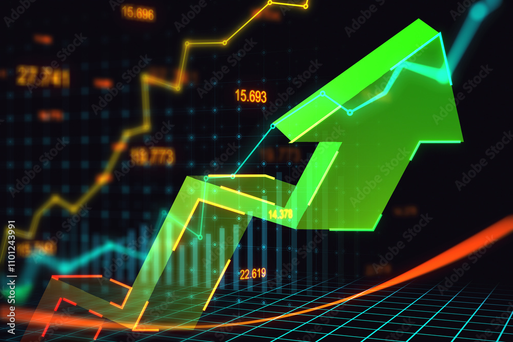 Leinwandbilder Bullish market and trading concept with perspective view on digital graphic rising up green arrow on dark technological squared background with stats indicators. 3D rendering