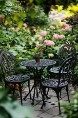 Fototapeta premium Ornate metal table, chairs, garden setting.