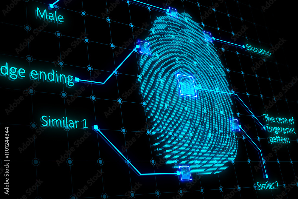 Aufkleber Identification and biometric security concept with digital blue fingerprint with personal information description on dark technology background. 3D rendering