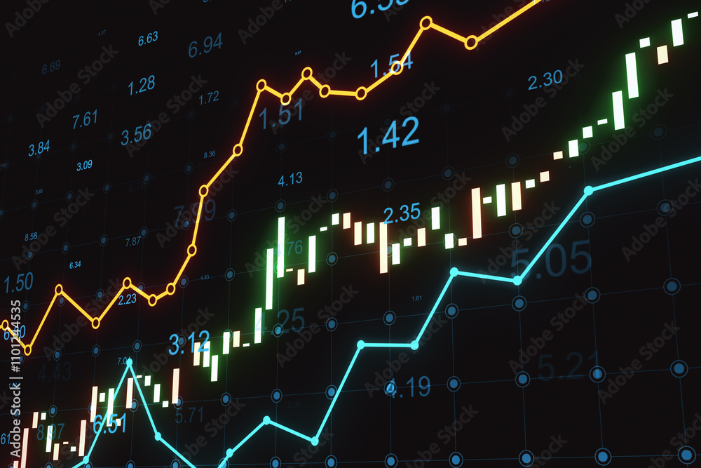 Poster Stock market statistic concept with perspective view on bright digital candlestick, diagram and graphs on dark technological background with stats indicators. 3D rendering
