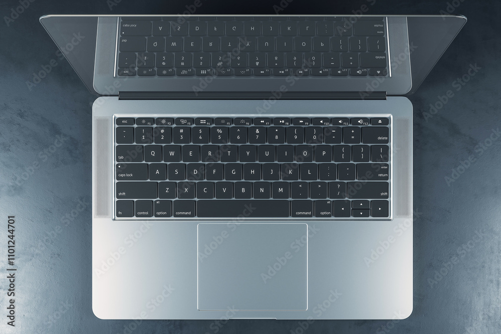 Poster Top view on modern laptop with black keyboard on abstract dark concrete surface. 3D rendering