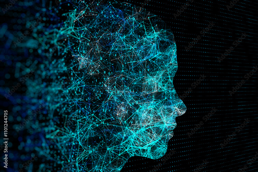 Poster Artificial intelligence in form of humanoid head made from digital blue lines and computer coding numbers on dark background. 3D rendering