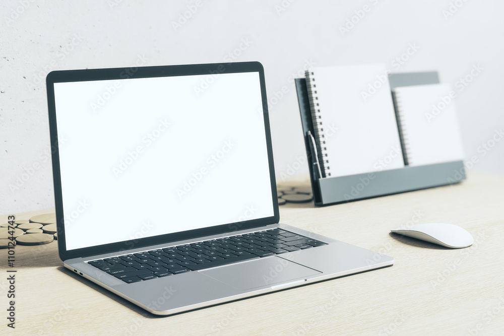 Poster perspective view on blank white modern laptop screen with place for your logo or text on light woode
