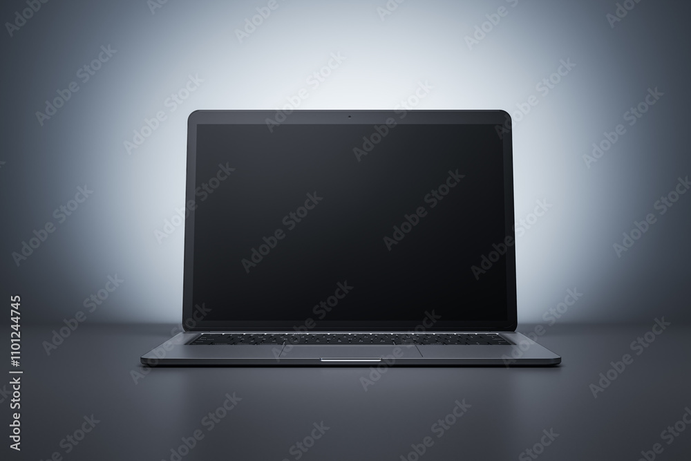 Poster Close up of modern laptop with dark monitor screen with copyspace for your logo or text on abstract dark backlit background. 3D rendering, mock up