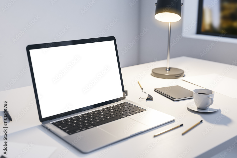 Poster Perspective view on modern laptop blank white screen with empty space on light table with illuminated lamp, office tools and coffee cup and night city view from the window. 3D rendering, mock up
