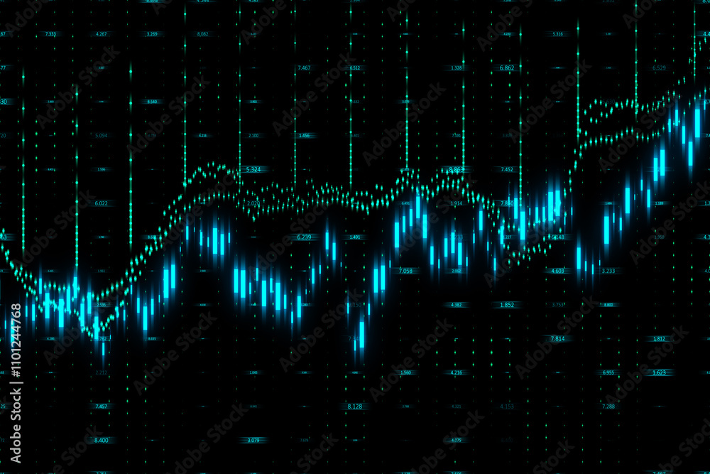 Poster business technologies and financial analytics concept with digital blue stock market candlestick and