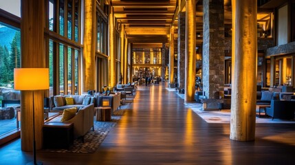 Fototapeta premium Luxurious Wooden Lodge Interior with Cozy Lounge Area