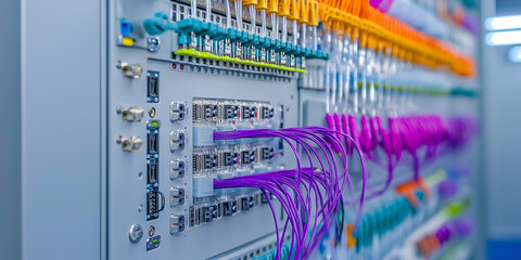 Fiber optic installation work. A close-up view of a network panel featuring colorful fiber optic cables and connectors, illustrating modern telecommunications infrastructure.