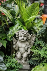 Obraz premium Stone cherub statue nestled among lush green foliage.
