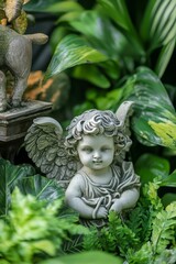 Fototapeta premium Stone cherub statue nestled in lush greenery.