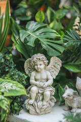 Fototapeta premium Stone cherub statue nestled in lush foliage.