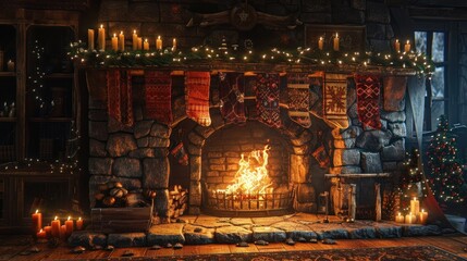 Cozy and festive Christmas fireplace scene with rustic cabin decor and twinkling candlelight  Warm and inviting atmosphere with wood stone wool and greenery elements