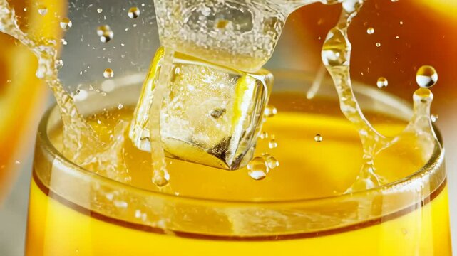 Ice cubes dropping into a glass of freshly squeezed orange juice. Vibrant splash of natural, vitamin-packed citrus juice, highlighting freshness and coolness in motion.