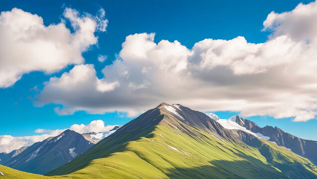 International Mountain Day. Green mountains and beautiful blue sky clouds.