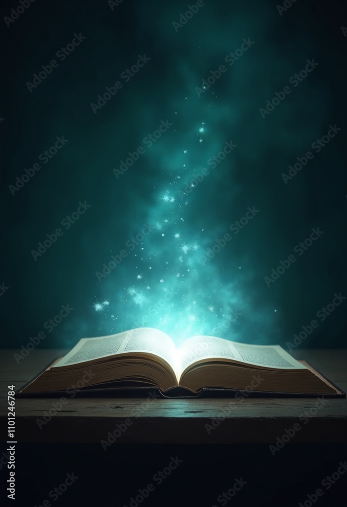 Poster mystery open book with shining light fantasy book with magic light and stars on a table with teal ba