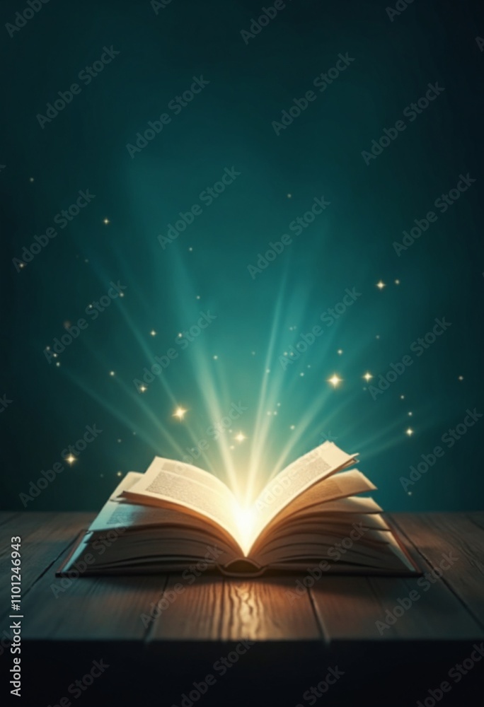 Poster Mystery open book with shining light fantasy book with magic light and stars on a table with teal background
