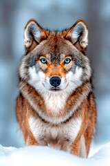 Obraz premium A striking close-up of a wolf with piercing blue eyes, showcasing its majestic fur in a snowy environment.
