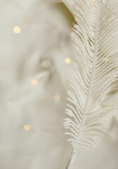 Christmas Winter Decoration with Frosted White Feather on Soft Fabric and Golden Bokeh Lights.