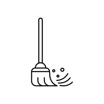 Thin Outline Icon Broom, Besom or Short Brush of Bound Straw Near a Pile of Garbage. Such Line sign as Cleaning Garbage, Cleanup, Sweeping. Vector Computer Pictograms White Background Editable Stroke.