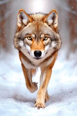 Obraz premium A striking wolf strides confidently through a snowy landscape, showcasing its powerful form and intense gaze amid a wintery backdrop.