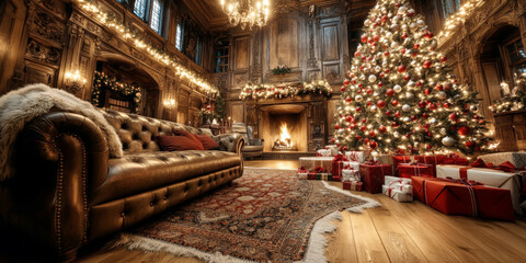 Fototapeta premium The classic Christmas tree with red and silver ornaments standing in a cozy living room