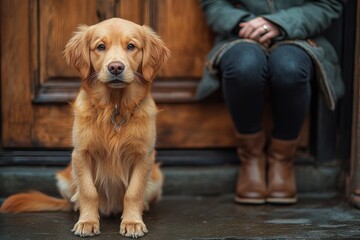 Golden Retriever sits patiently by owner's feet at a wooden door.