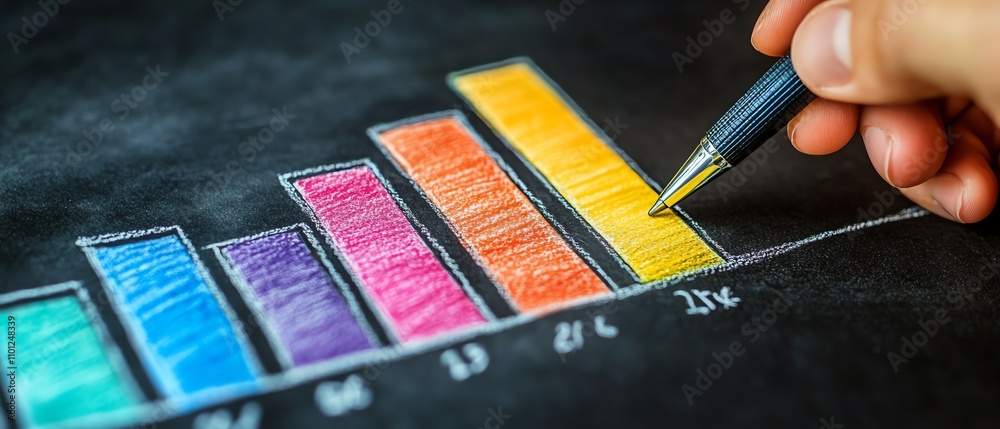 Poster Closeup of a hand drawing a multicolored bar graph on a chalkboard, holding a pen, symbolizing data insights and business analysis