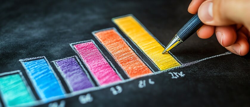 Closeup of a hand drawing a multicolored bar graph on a chalkboard, holding a pen, symbolizing data insights and business analysis